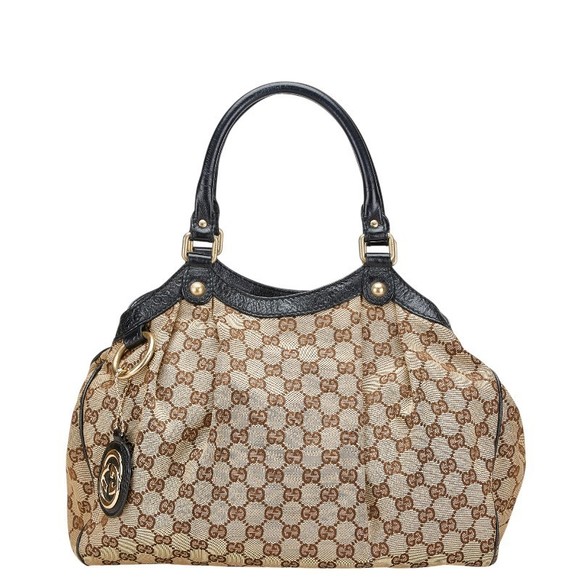 Gucci GG Black Beige Leather Sukey Canvas Handbag - Picture 1 of 8